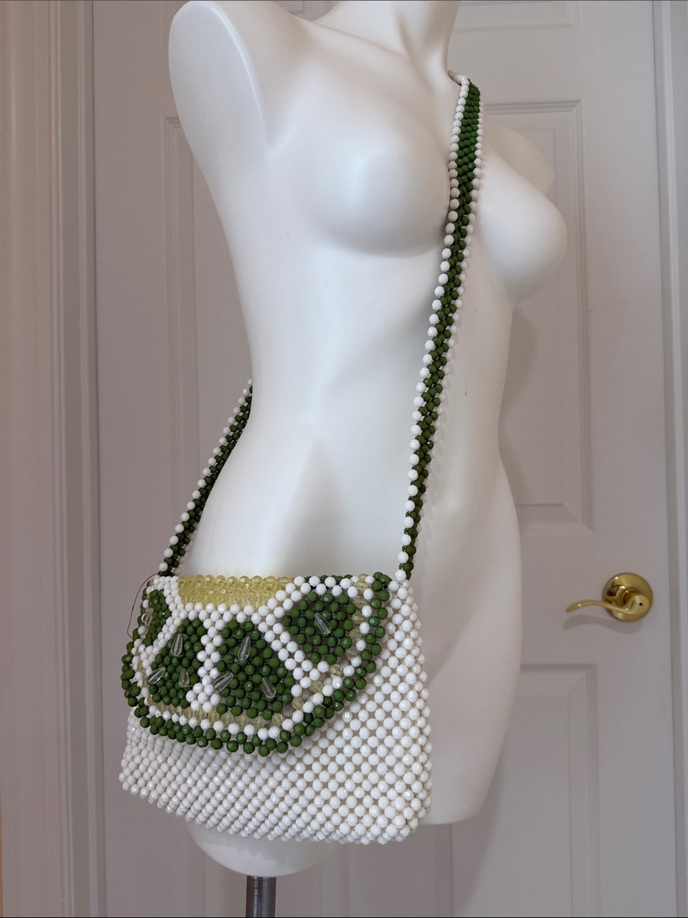 Bouffants and broken hearts Beaded White & Green Crossbody Bag